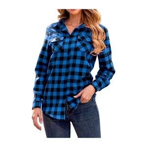 Womens Casual Cuffed Long Sleeve Boyfriend Button Down Plaid Flannel Shirt Top
